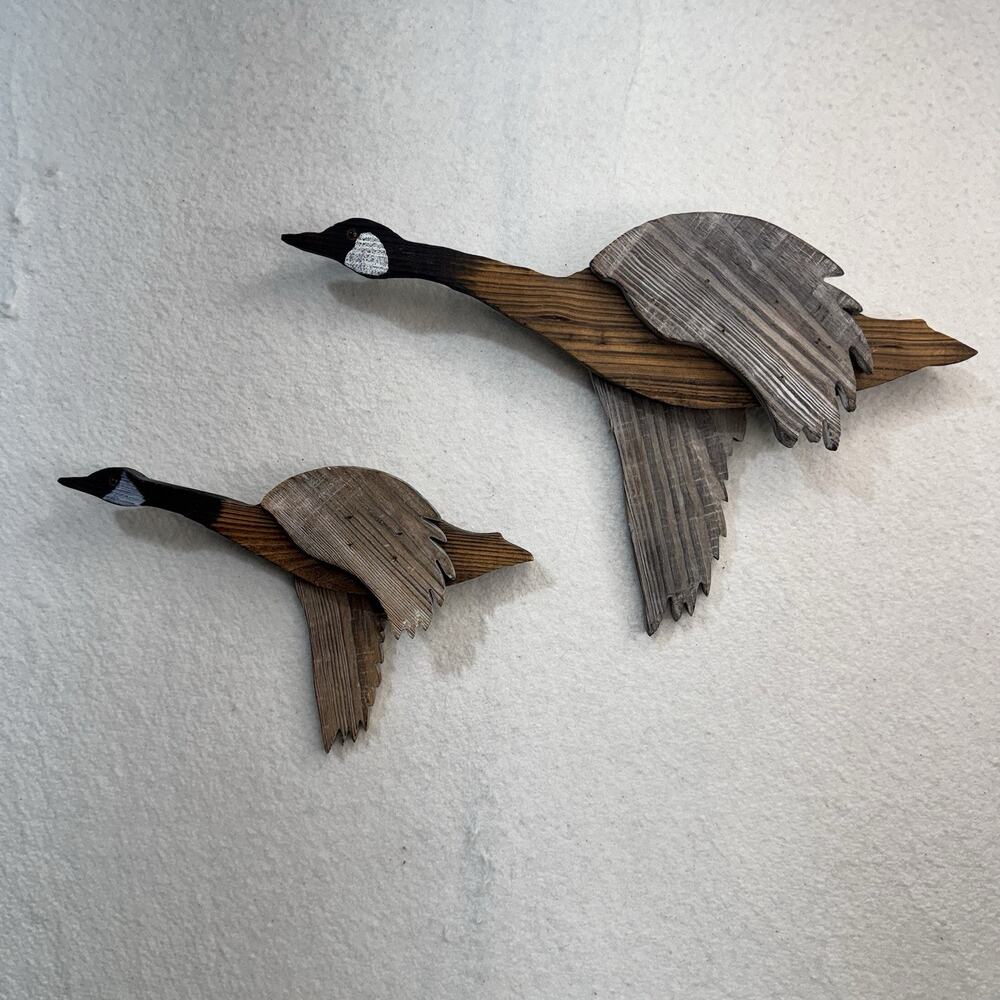 Vintage Reclaimed Rustic Barn Wood Art Flying Canadian Geese Wall Hangings Set 2